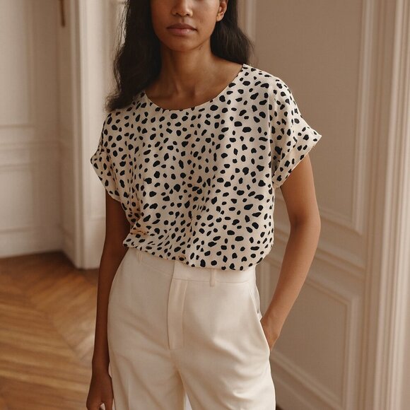 Anthro Melloday Cream & Black Leopard Print Short Cuff Sleeve Boxy Blouse Large - Picture 1 of 13